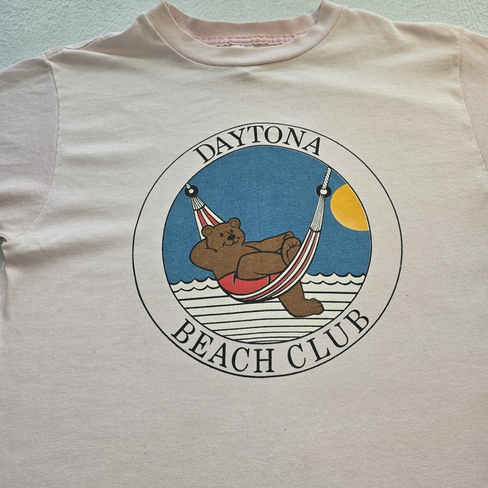 VTG 80s Daytona Beach Club Teddy Bear T Shirt Pink Single Stitch Paper Tag M....